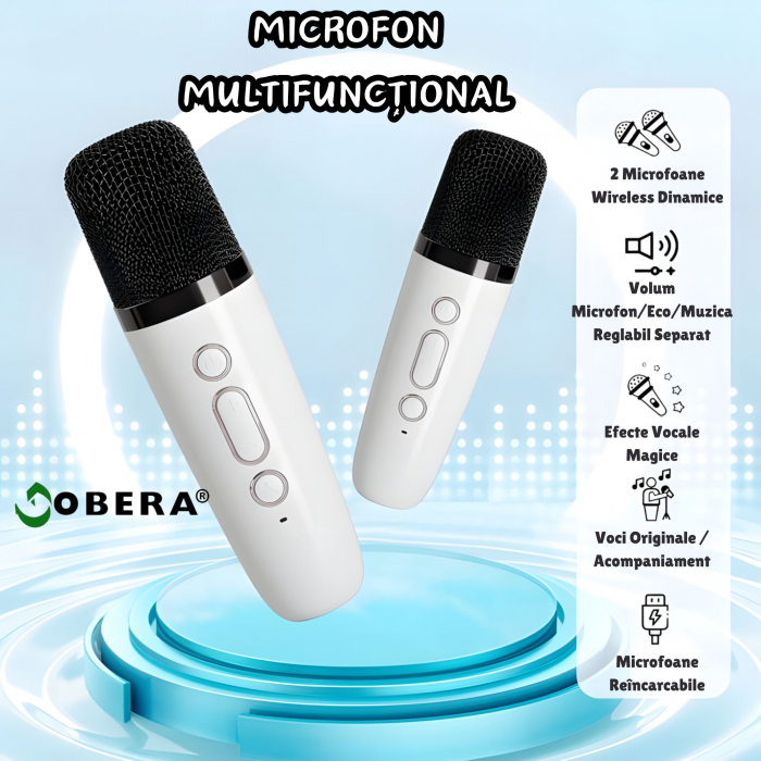 Set 2 microfoane karaoke copii si adulti cu difuzor portabil goBERA®, 4 efecte voce, Sunet Surround 3D, Lumini LED, Pentru Petreceri, Wireless, Bluetooth 5.3, Player MP3, MicroSD card, Type-C, Mov Aux [4]