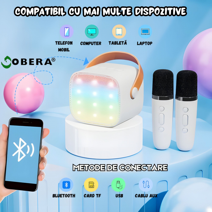 Set 2 microfoane karaoke copii si adulti cu difuzor portabil goBERA®, 4 efecte voce, Sunet Surround 3D, Lumini LED, Pentru Petreceri, Wireless, Bluetooth 5.3, Player MP3, MicroSD card, Type-C, Mov Aux [3]