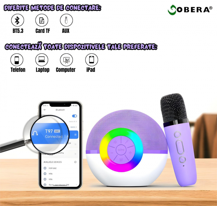 Set 2 microfoane karaoke copii si adulti cu difuzor portabil goBERA®, 4 efecte voce, Sunet Surround 3D, Lumini LED, Pentru Petreceri, Wireless, Bluetooth 5.3, Player MP3, MicroSD card, Type-C, Mov Aux [2]