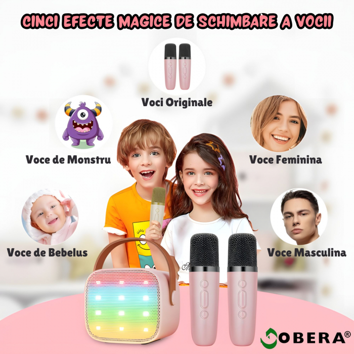 Set 2 microfoane karaoke copii si adulti cu difuzor portabil goBERA®, 4 efecte voce, Sunet Surround 3D, Lumini LED, Pentru Petreceri, Wireless, Bluetooth 5.3, Player MP3, MicroSD card, Type-C, Mov Aux [4]