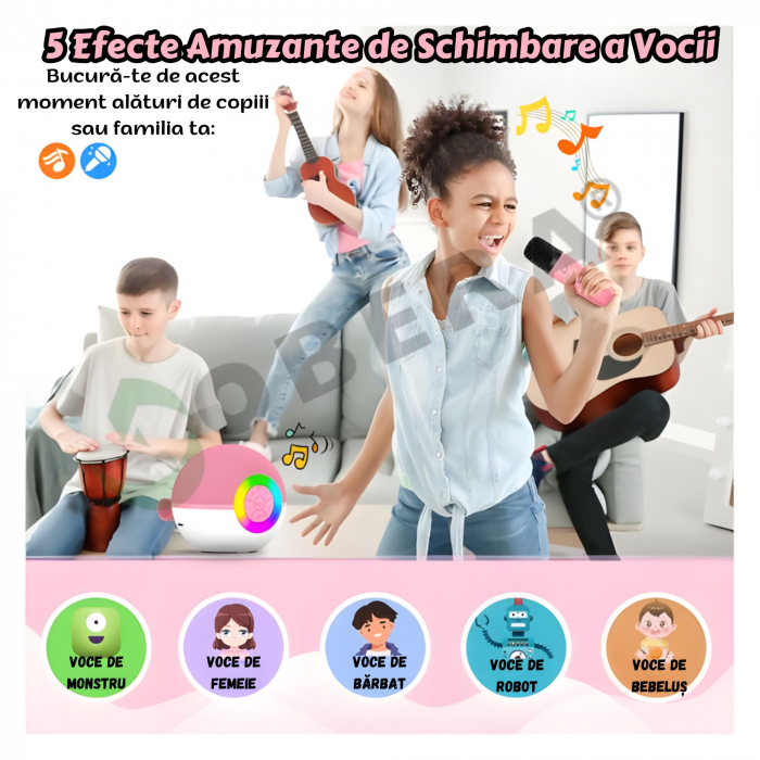 Set 2 microfoane karaoke copii si adulti cu difuzor portabil goBERA®, 4 efecte voce, Sunet Surround 3D, Lumini LED, Pentru Petreceri, Wireless, Bluetooth 5.3, Player MP3, MicroSD card, Type-C, Mov Aux [7]