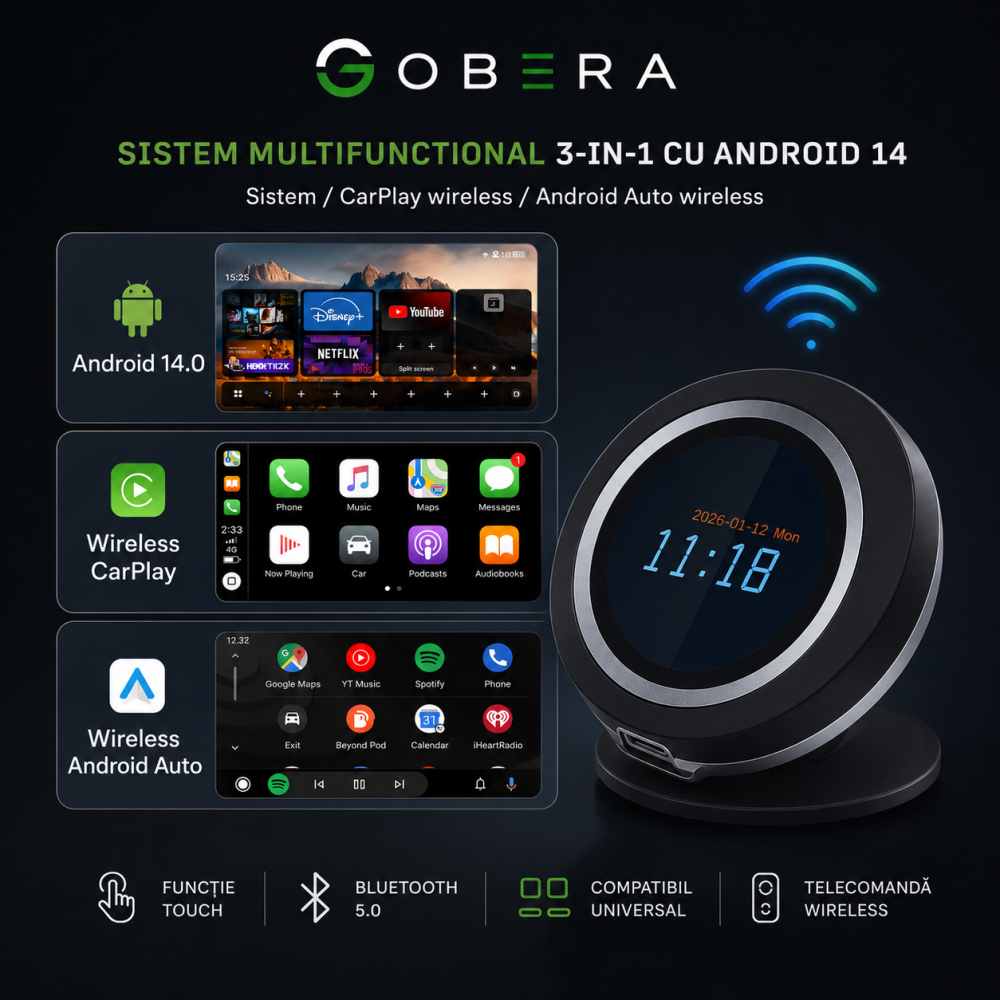 Sistem Multimedia Auto 3-în-1 cu Android 14, CarPlay Wireless, Android Auto Wireless, Touchscreen Control, HDMI pentru Ecran Extern, Procesor Qualcomm QCM6125 Octa-Core, 8GB RAM + 128GB ROM [4]