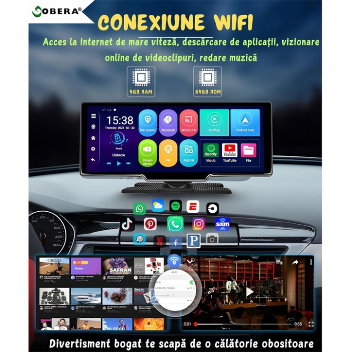 Sistem navigatie auto 10.26 inch goBERA®, Android 13, 8-Core, 4 GB RAM, 64 GB ROM, Carplay & Android auto, Bluetooth 5.1, Wi-Fi, Camera dubla, 1080P/1080P, Ecran IPS HD full-touch, GPS tracker, BT, FM [7]