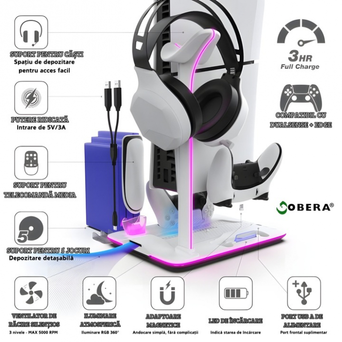 Suport Vertical pentru PS5 Slim & PS5 Pro, cu 3 Ventilatoare Reglabile, Iluminare RGB, Încărcare Rapidă Magnetică DualSense/Edge, Suport Căști, 5 Discuri și Protecție la Supraincărcare [4]