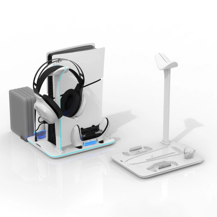 Suport Vertical pentru PS5 Slim & PS5 Pro, cu 3 Ventilatoare Reglabile, Iluminare RGB, Încărcare Rapidă Magnetică DualSense/Edge, Suport Căști, 5 Discuri și Protecție la Supraincărcare [3]
