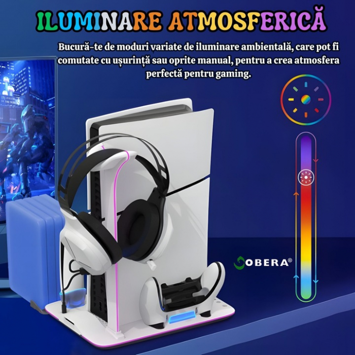 Suport Vertical pentru PS5 Slim & PS5 Pro, cu 3 Ventilatoare Reglabile, Iluminare RGB, Încărcare Rapidă Magnetică DualSense/Edge, Suport Căști, 5 Discuri și Protecție la Supraincărcare [6]