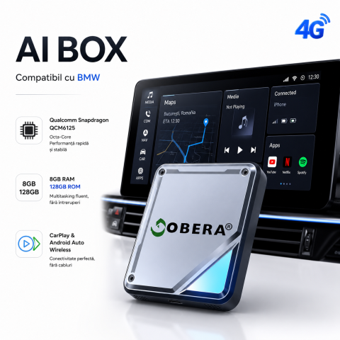 AI Box Wireless CarPlay și Android Auto – Streaming Netflix & YouTube - Adaptor AI Box pentru BMW, goBERA®, Android 13, Snapdragon QCM6125, 8GB RAM + 128GB ROM, Wi-Fi Dual 2.4/5GHz, Bluetooth 5.2, Split-Screen 5:5/3:7, GPS+GLONASS+Beidou, Aplicatii Multimedia, Plug & Play