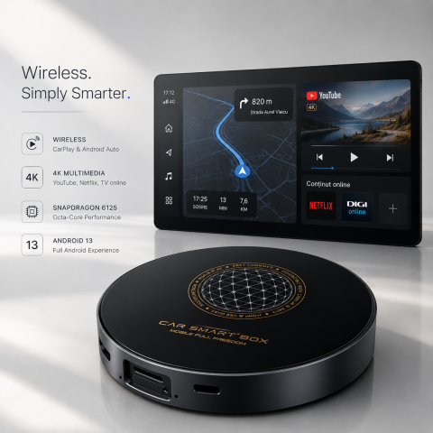 Tehnologie Auto Inteligentă - Adaptor Auto AI Box – Wireless CarPlay & Android Auto, Android 13, Procesor Snapdragon 6125, 4GB+64GB, 4G, HDMI 4K, YouTube & Netflix