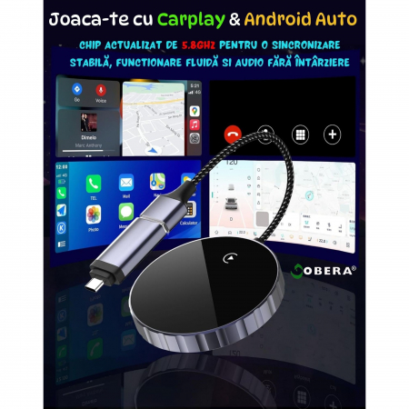 Adaptor Auto Wireless 2 în 1 goBERA® – CarPlay & Android Auto, iOS 10+/Android 11+, Wi-Fi 5GHz, Plug & Play, USB-A/C, Negru [12]