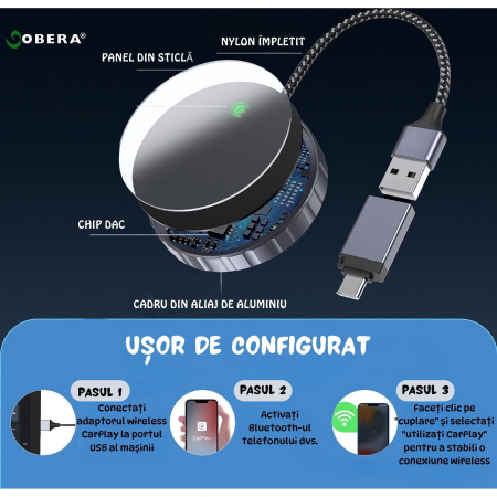 Adaptor Auto Wireless 2 în 1 goBERA® – CarPlay & Android Auto, iOS 10+/Android 11+, Wi-Fi 5GHz, Plug & Play, USB-A/C, Negru [10]