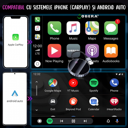 Adaptor Auto Wireless 2 în 1 goBERA® – CarPlay & Android Auto, iOS 10+/Android 11+, Wi-Fi 5GHz, Plug & Play, USB-A/C, Negru [1]