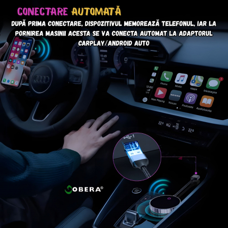 Adaptor Auto Wireless 2 în 1 goBERA® – CarPlay & Android Auto, iOS 10+/Android 11+, Wi-Fi 5GHz, Plug & Play, USB-A/C, Negru [7]