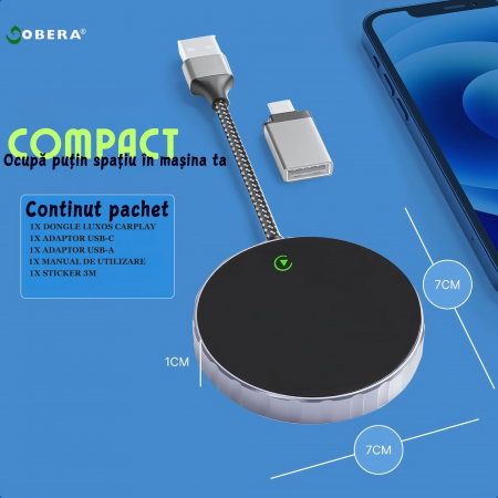 Adaptor Auto Wireless 2 în 1 goBERA® – CarPlay & Android Auto, iOS 10+/Android 11+, Wi-Fi 5GHz, Plug & Play, USB-A/C, Negru [13]