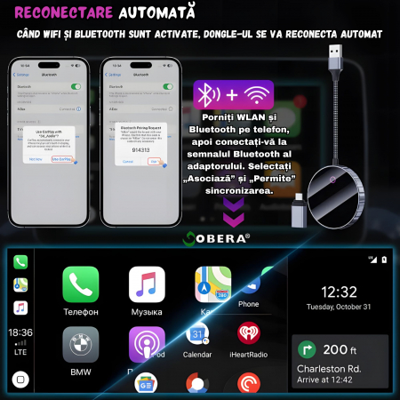 Adaptor Auto Wireless 2 în 1 goBERA® – CarPlay & Android Auto, iOS 10+/Android 11+, Wi-Fi 5GHz, Plug & Play, USB-A/C, Negru [2]