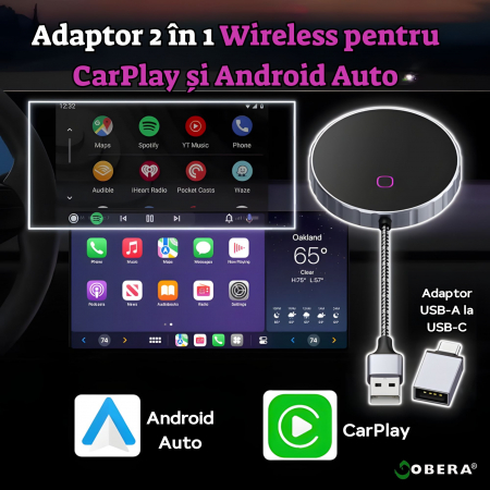 Adaptor Auto Wireless 2 în 1 goBERA® – CarPlay & Android Auto, iOS 10+/Android 11+, Wi-Fi 5GHz, Plug & Play, USB-A/C, Negru [6]