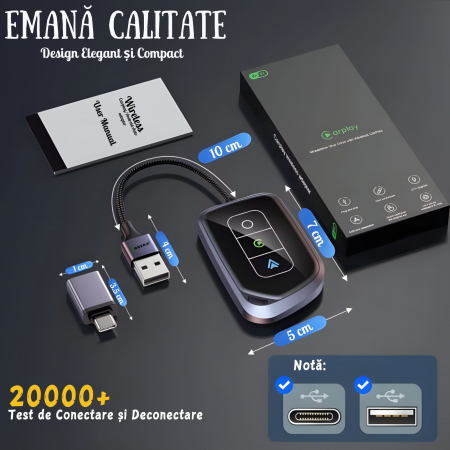 Adaptor Auto Wireless 2 in 1 goBERA®, Pentru masini cu Carplay/AndroId de fabrica prin cablu, Compatibil IOS 10+ si Android 11+, WiFi 5Ghz, Procesor AI, Configurare usoara Plug and Play, USB-A/C [8]