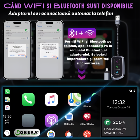Adaptor Auto Wireless 2 in 1 goBERA®, Pentru masini cu Carplay/AndroId de fabrica prin cablu, Compatibil IOS 10+ si Android 11+, WiFi 5Ghz, Procesor AI, Configurare usoara Plug and Play, USB-A/C [2]