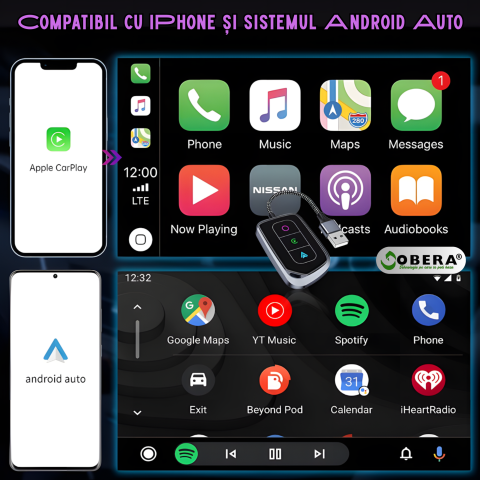 Adaptor Auto Wireless 2 in 1 goBERA®, Pentru masini cu Carplay/AndroId de fabrica prin cablu, Compatibil IOS 10+ si Android 11+, WiFi 5Ghz, Procesor AI, Configurare usoara Plug and Play, USB-A/C [1]