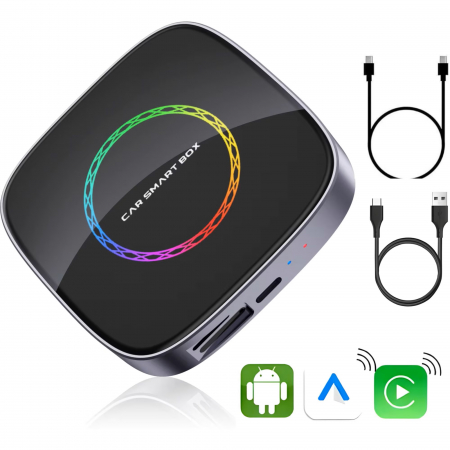 Smart Auto & Conectivitate - Adaptor auto Wireless CarPlay/Android Auto, AI Box Android 13 goBERA®, Procesor Octa-Core, 4GB RAM+64GB ROM, Conectivitate 4G, Pentru masini cu CarPlay cu fir din fabrica, Streaming YouTube si Netflix