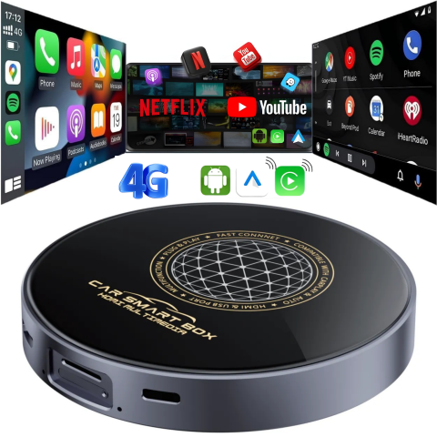 AI Box Wireless CarPlay și Android Auto – Streaming Netflix & YouTube - Adaptor Auto AI Box – Wireless CarPlay & Android Auto, Android 13, Procesor Snapdragon 6125, 4GB+64GB, 4G, HDMI 4K, YouTube & Netflix