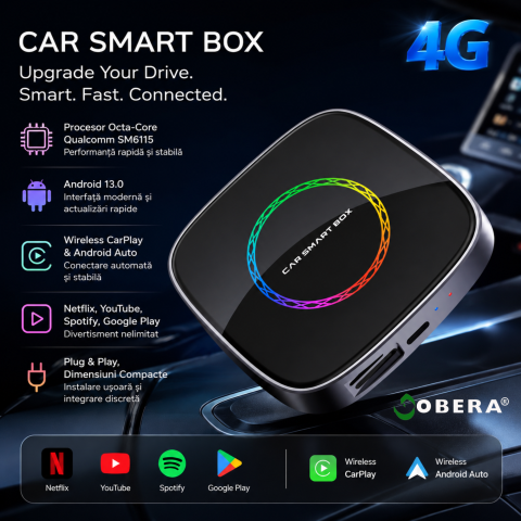 Adaptor auto Wireless CarPlay/Android Auto, AI Box Android 13 goBERA®, Procesor Octa-Core, 4GB RAM+64GB ROM, Conectivitate 4G, Pentru masini cu CarPlay cu fir din fabrica, Streaming YouTube si Netflix [1]