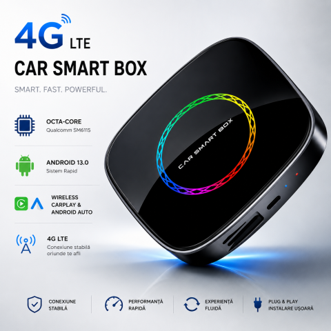 Adaptor auto Wireless CarPlay/Android Auto, AI Box Android 13 goBERA®, Procesor Octa-Core, 4GB RAM+64GB ROM, Conectivitate 4G, Pentru masini cu CarPlay cu fir din fabrica, Streaming YouTube si Netflix