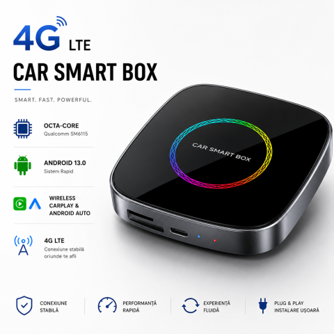 AI Box Wireless CarPlay și Android Auto – Streaming Netflix & YouTube - Adaptor auto Wireless CarPlay/Android Auto, AI Box Android 13 goBERA®, Procesor Octa-Core, 4GB RAM+64GB ROM, Conectivitate 4G, Pentru masini cu CarPlay cu fir din fabrica, Streaming YouTube si Netflix