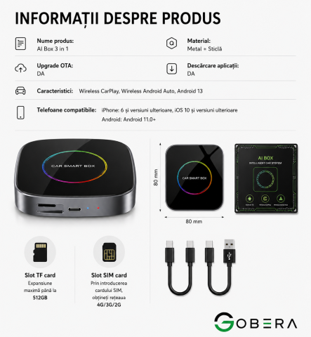 Adaptor auto Wireless CarPlay/Android Auto, AI Box Android 13 goBERA®, Procesor Octa-Core, 4GB RAM+64GB ROM, Conectivitate 4G, Pentru masini cu CarPlay cu fir din fabrica, Streaming YouTube si Netflix [12]