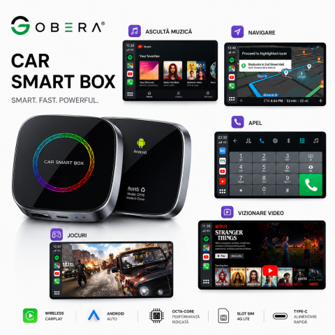 Adaptor auto Wireless CarPlay/Android Auto, AI Box Android 13 goBERA®, Procesor Octa-Core, 4GB RAM+64GB ROM, Conectivitate 4G, Pentru masini cu CarPlay cu fir din fabrica, Streaming YouTube si Netflix [8]