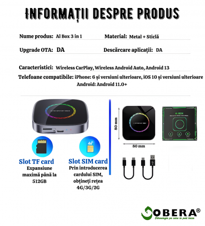 Adaptor auto Wireless CarPlay/Android Auto, AI Box Android 13 goBERA®, Procesor Octa-Core, 4GB RAM+64GB ROM, Conectivitate 4G, Pentru masini cu CarPlay cu fir din fabrica, Streaming YouTube si Netflix [11]