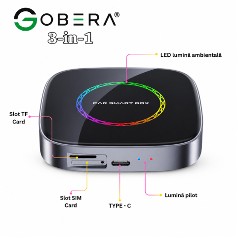 Adaptor auto Wireless CarPlay/Android Auto, AI Box Android 13 goBERA®, Procesor Octa-Core, 4GB RAM+64GB ROM, Conectivitate 4G, Pentru masini cu CarPlay cu fir din fabrica, Streaming YouTube si Netflix [4]