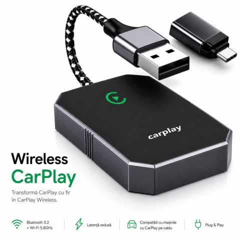 Adaptor Auto Wireless goBERA®, Pentru masini cu Carplay de fabrica prin cablu, Modul Apple CarPlay, WiFi 5Ghz, Bluetooth 5.3, Procesor AI, Compatibil IOS 10+, Conectare Automata, Plug and Play, Negru