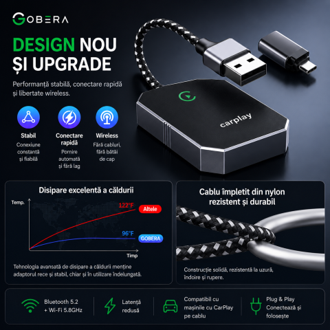 Adaptor Auto Wireless goBERA®, Pentru masini cu Carplay de fabrica prin cablu, Modul Apple CarPlay, WiFi 5Ghz, Bluetooth 5.3, Procesor AI, Compatibil IOS 10+, Conectare Automata, Plug and Play, Negru [7]
