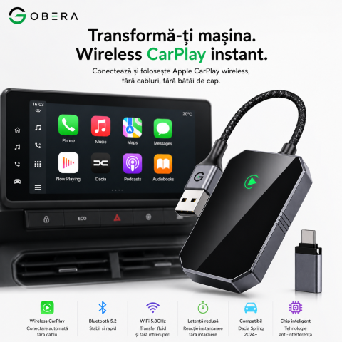 Adaptor Auto Wireless goBERA®, Pentru masini cu Carplay de fabrica prin cablu, Modul Apple CarPlay, WiFi 5Ghz, Bluetooth 5.3, Procesor AI, Compatibil IOS 10+, Conectare Automata, Plug and Play, Negru [2]