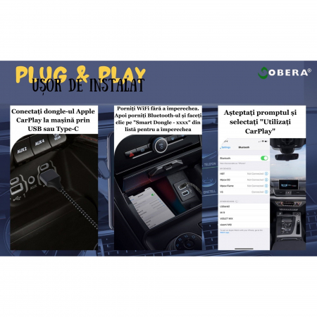 Adaptor Auto Wireless goBERA®, Pentru masini cu Carplay de fabrica prin cablu, Modul Apple CarPlay, WiFi 5Ghz, Bluetooth 5.3, Procesor AI, Compatibil IOS 10+, Conectare Automata, Plug and Play, Negru [4]