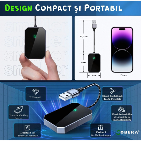 Adaptor Auto Wireless goBERA®, Pentru masini cu Carplay de fabrica prin cablu, Modul Apple CarPlay, WiFi 5Ghz, Bluetooth 5.3, Procesor AI, Compatibil IOS 10+, Conectare Automata, Plug and Play, Negru [5]