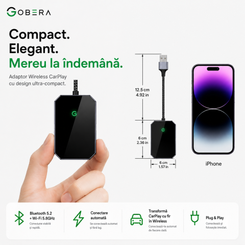 Adaptor Auto Wireless goBERA®, Pentru masini cu Carplay de fabrica prin cablu, Modul Apple CarPlay, WiFi 5Ghz, Bluetooth 5.3, Procesor AI, Compatibil IOS 10+, Conectare Automata, Plug and Play, Negru [8]