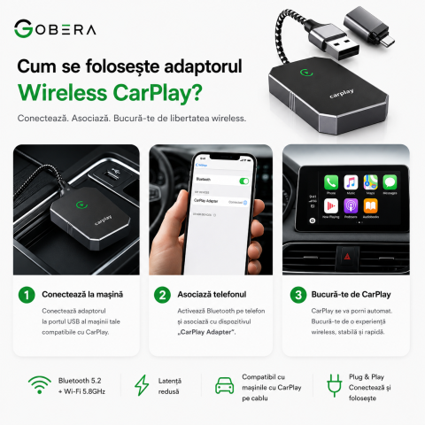 Adaptor Auto Wireless goBERA®, Pentru masini cu Carplay de fabrica prin cablu, Modul Apple CarPlay, WiFi 5Ghz, Bluetooth 5.3, Procesor AI, Compatibil IOS 10+, Conectare Automata, Plug and Play, Negru [3]