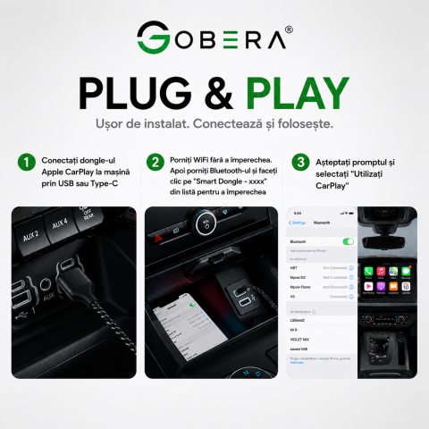 Adaptor Auto Wireless goBERA®, Pentru masini cu Carplay de fabrica prin cablu, Modul Apple CarPlay, WiFi 5Ghz, Bluetooth 5.3, Procesor AI, Compatibil IOS 10+, Conectare Automata, Plug and Play, Negru [4]