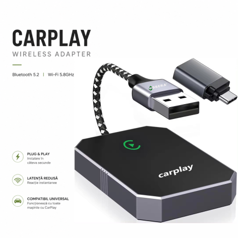 Adaptor CarPlay Wireless și Android Auto Wireless pentru iPhone și Android - Adaptor Auto Wireless goBERA®, Pentru masini cu Carplay de fabrica prin cablu, Modul Apple CarPlay, WiFi 5Ghz, Bluetooth 5.3, Procesor AI, Compatibil IOS 10+, Conectare Automata, Plug and Play, Negru