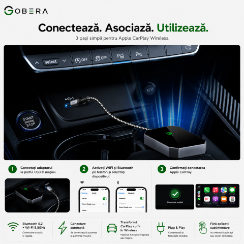 Adaptor Auto Wireless goBERA®, Pentru masini cu Carplay de fabrica prin cablu, Modul Apple CarPlay, WiFi 5Ghz, Bluetooth 5.3, Procesor AI, Compatibil IOS 10+, Conectare Automata, Plug and Play, Negru [9]