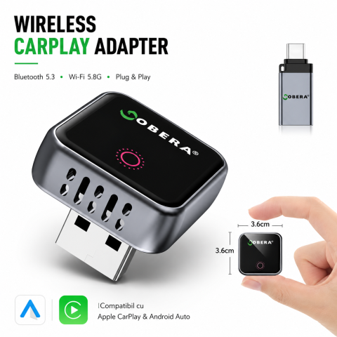 Adaptor CarPlay Wireless și Android Auto Wireless pentru iPhone și Android - Adaptor CarPlay wireless, Android Auto wireless, Mini Wireless goBERA, Bluetooth 5.3, Wi-Fi dual-band, Plug & Play auto, compatibil iPhone și Android, hands-free mașină, conexiune rapidă.