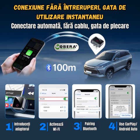 Adaptor Mini Wireless goBERA®️ CarPlay & Android Auto, Plug & Play, Bluetooth 5.3, Wi-Fi 5G, Procesor A7, Control Vocal & Touch, Reconectare Automată, iOS & Android, Design Compact Aluminiu, Negru [1]