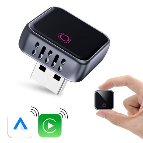 Smart Auto & Conectivitate - Adaptor Mini Wireless goBERA®️ CarPlay & Android Auto, Plug & Play, Bluetooth 5.3, Wi-Fi 5G, Procesor A7, Control Vocal & Touch, Reconectare Automată, iOS & Android, Design Compact Aluminiu, Negru
