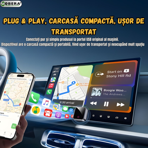 Adaptor Mini Wireless goBERA®️ CarPlay & Android Auto, Plug & Play, Bluetooth 5.3, Wi-Fi 5G, Procesor A7, Control Vocal & Touch, Reconectare Automată, iOS & Android, Design Compact Aluminiu, Negru [5]