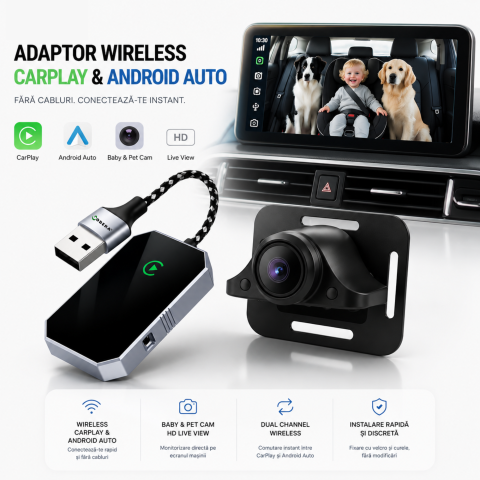 Adaptor CarPlay Wireless și Android Auto Wireless pentru iPhone și Android - Adaptor Smart Car Monitor goBERA®️CarPlay & Android Auto Wireless, Plug & Play, Bluetooth 5.0, Wi-Fi 5G, procesor A7, control vocal și touch, reconectare automată, PIP, compatibil iOS & Android, Negru
