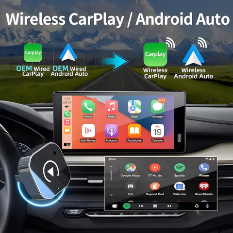 Adaptor Wireless 2-în-1 goBERA®️ CarPlay & Android Auto, compatibil cu vehicule echipate din fabrică cu CarPlay, Bluetooth 5.0, Wi-Fi Dual-Band 2.4/5GHz, Plug & Play, control vocal, port USB [1]