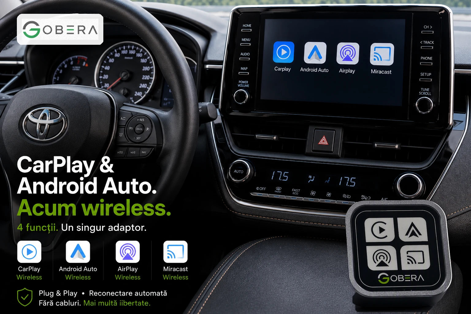 Meniu adaptor goBERA 4 in 1 cu CarPlay Android Auto AirPlay si Miracast