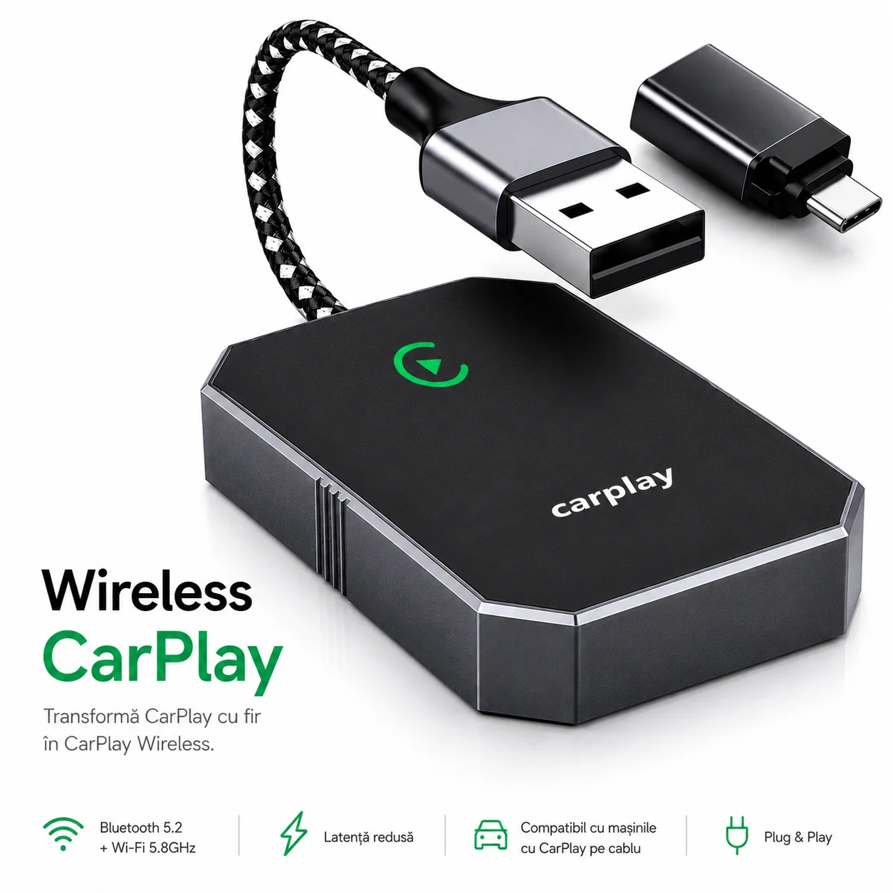 Adaptoare Wireless CarPlay & Android Auto - Adaptor Wireless Apple CarPlay goBERA®, Pentru masini cu Apple CarPlay prin cablu, Bluetooth 5.3, Wi-Fi 5GHz, Conectare automata, Plug & Play, Compatibil iPhone iOS 10+, Negru