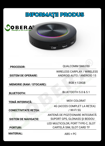 Adaptor Wireless CarPlay & Android Auto goBERA® AI Box cu Android 15, 8GB RAM + 128GB Stocare, Procesor Qualcomm Octa-Core 6350, Slot 4G SIM, Redare 4K, Ambient Light 7 Culori, Plug & Play [9]